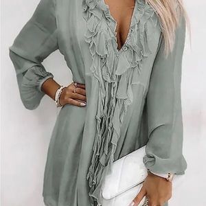 Solid Color Ruffled V-Neck Puff Sleeve Mini Dress